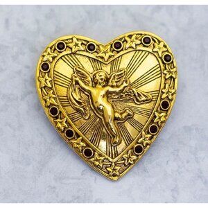 Vintage Gold Tone Celtic Angel Love Heart Rhinestone Vatican Brooch - Ci1
